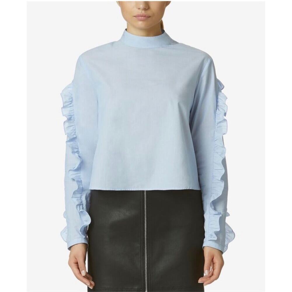 New Avec Les Filles Ruffled-Sleeve Top Menswear Stripe Blue Women's Size S